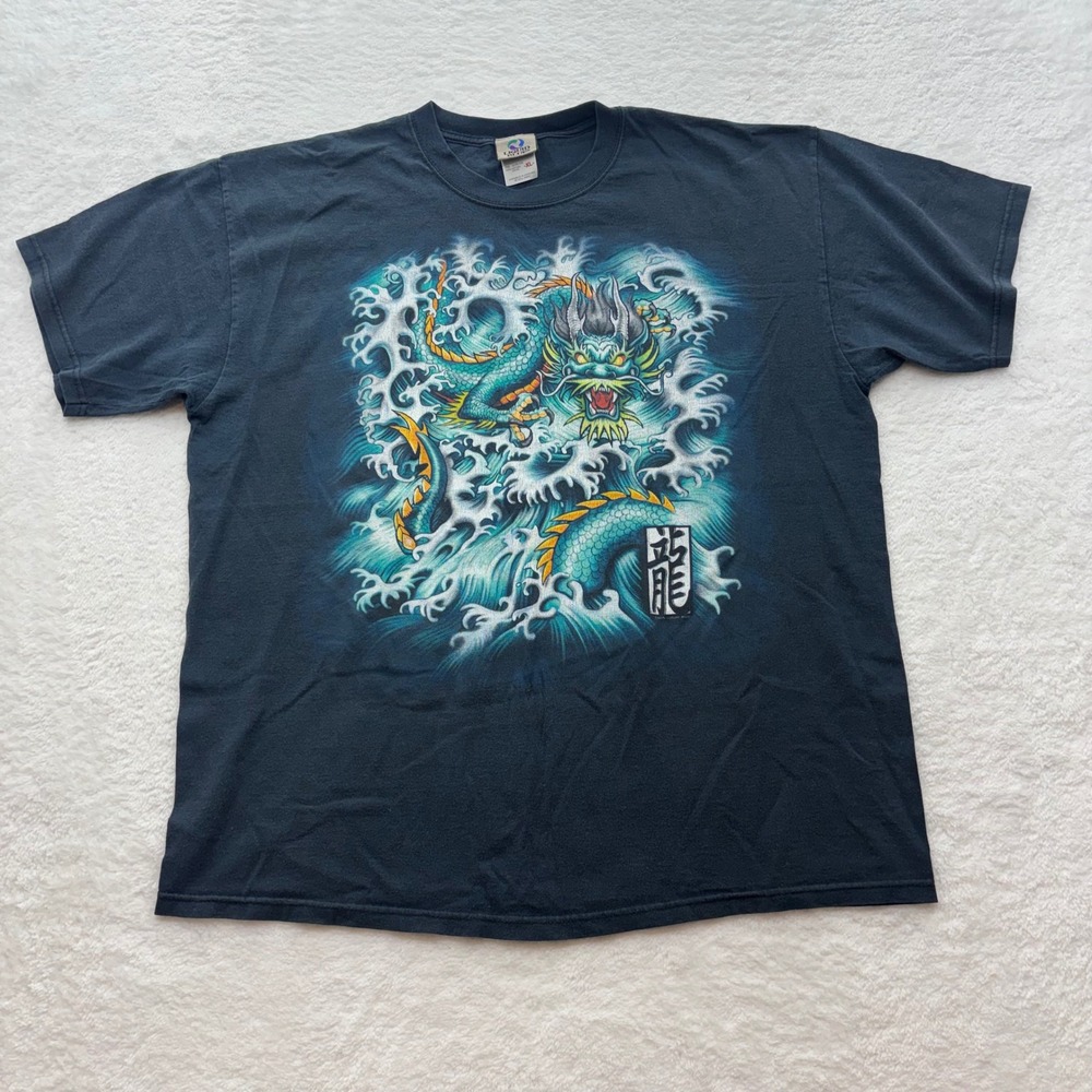 Liquid Blue Dragon Graphic T-Shirt Black XL Mythical Sea Serpent Waves Tee